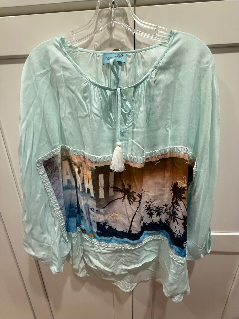LeTarte Light Blue Beach-Print Women's Peasant Top